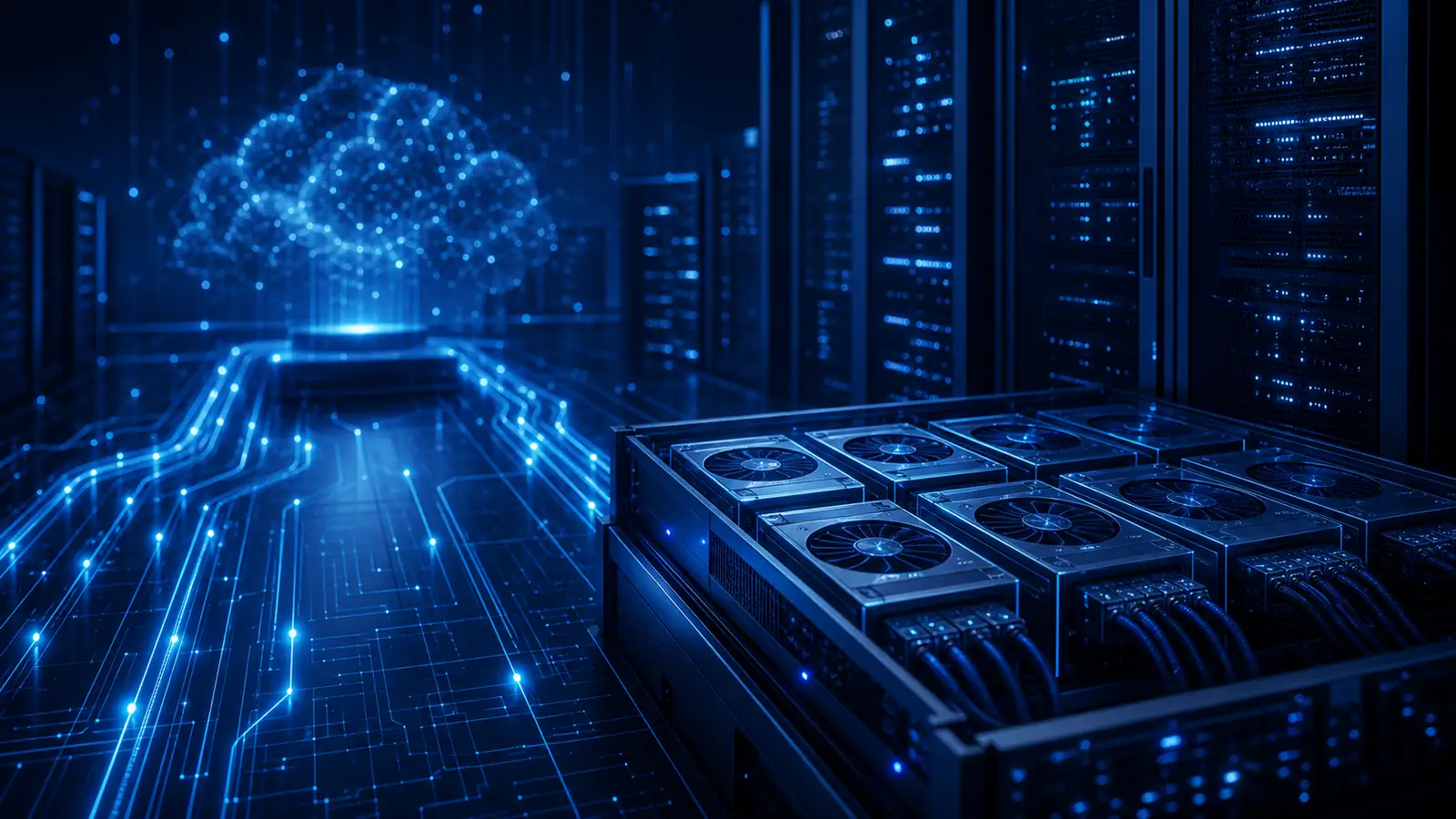 Server racks and GPU infrastructure representing AI model deployment and inference operations