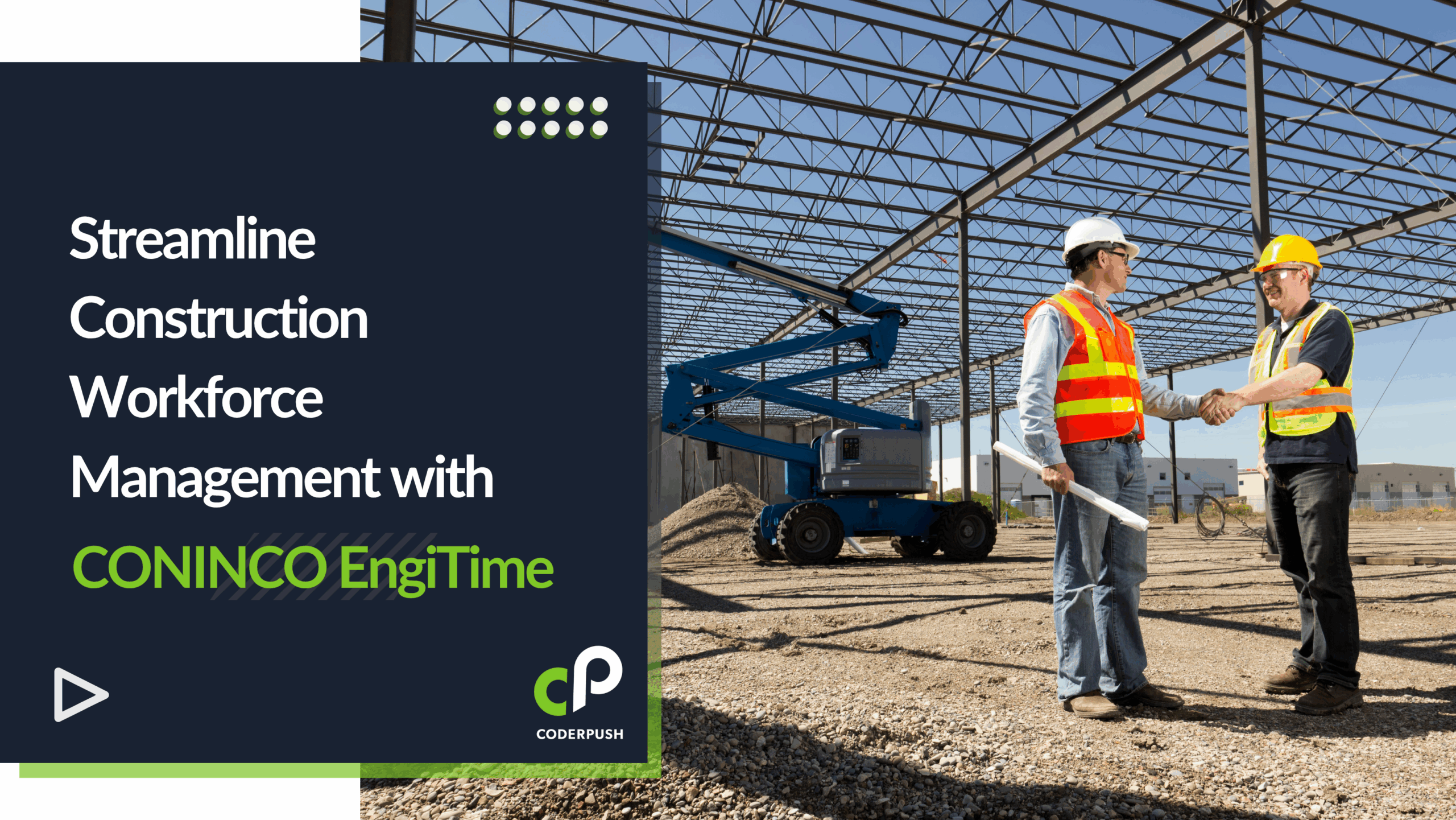 Promotional banner for CONINCO EngiTime, a workforce management solution co-developed by CoderPush to streamline construction operations and labor tracking