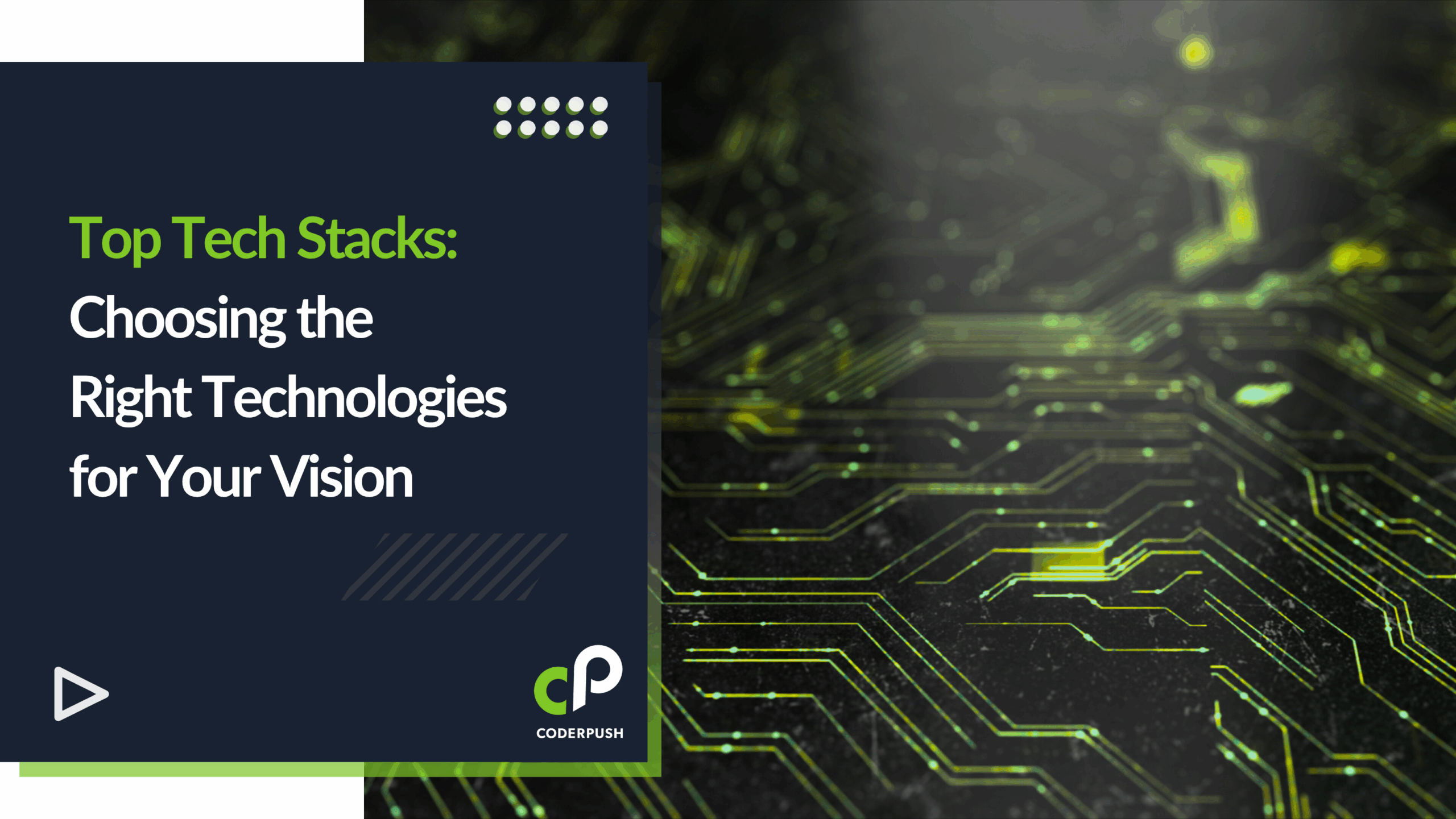 CoderPush Technology Stack showcasing DevOps, Backend, Frontend, Mobile, Databases, QA & Automation, and Productivity Tools.