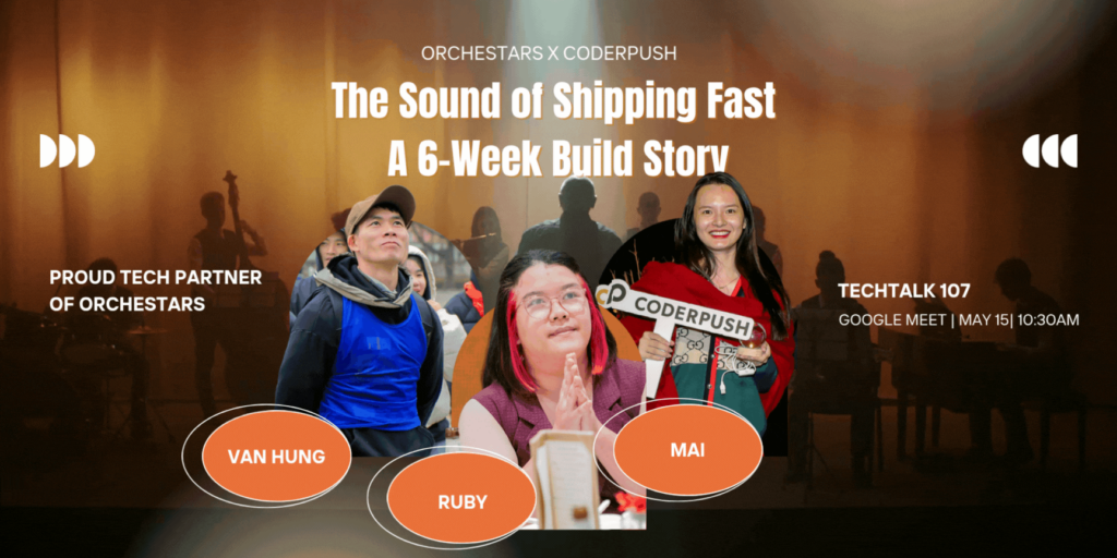 CoderPush development team presents the Orchestars event platform development journey during an internal TechTalk session
