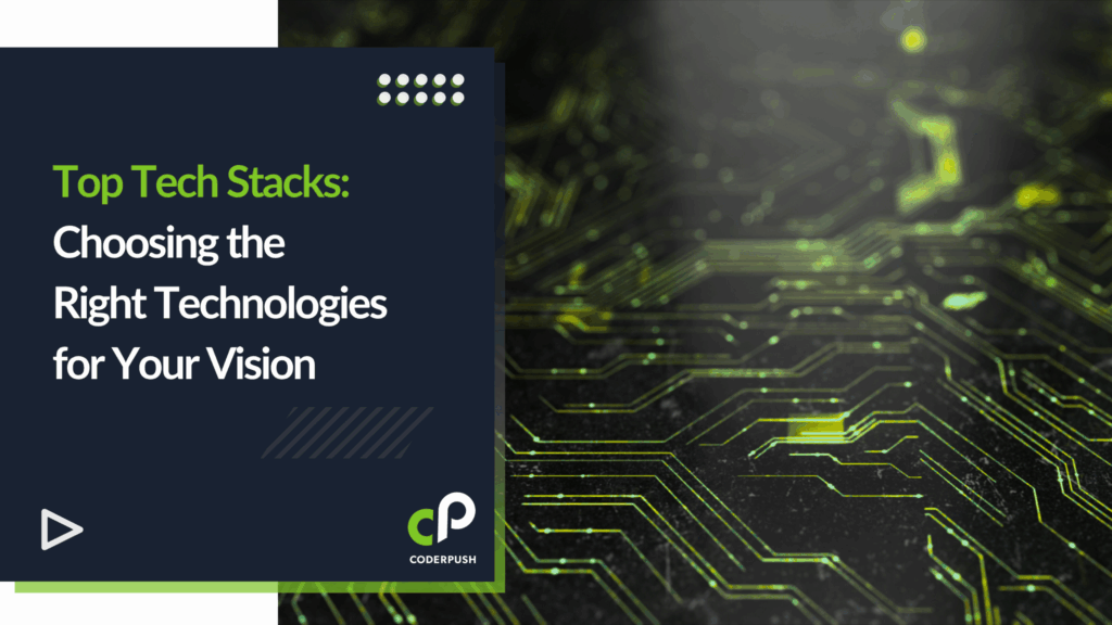 CoderPush Technology Stack showcasing DevOps, Backend, Frontend, Mobile, Databases, QA & Automation, and Productivity Tools.